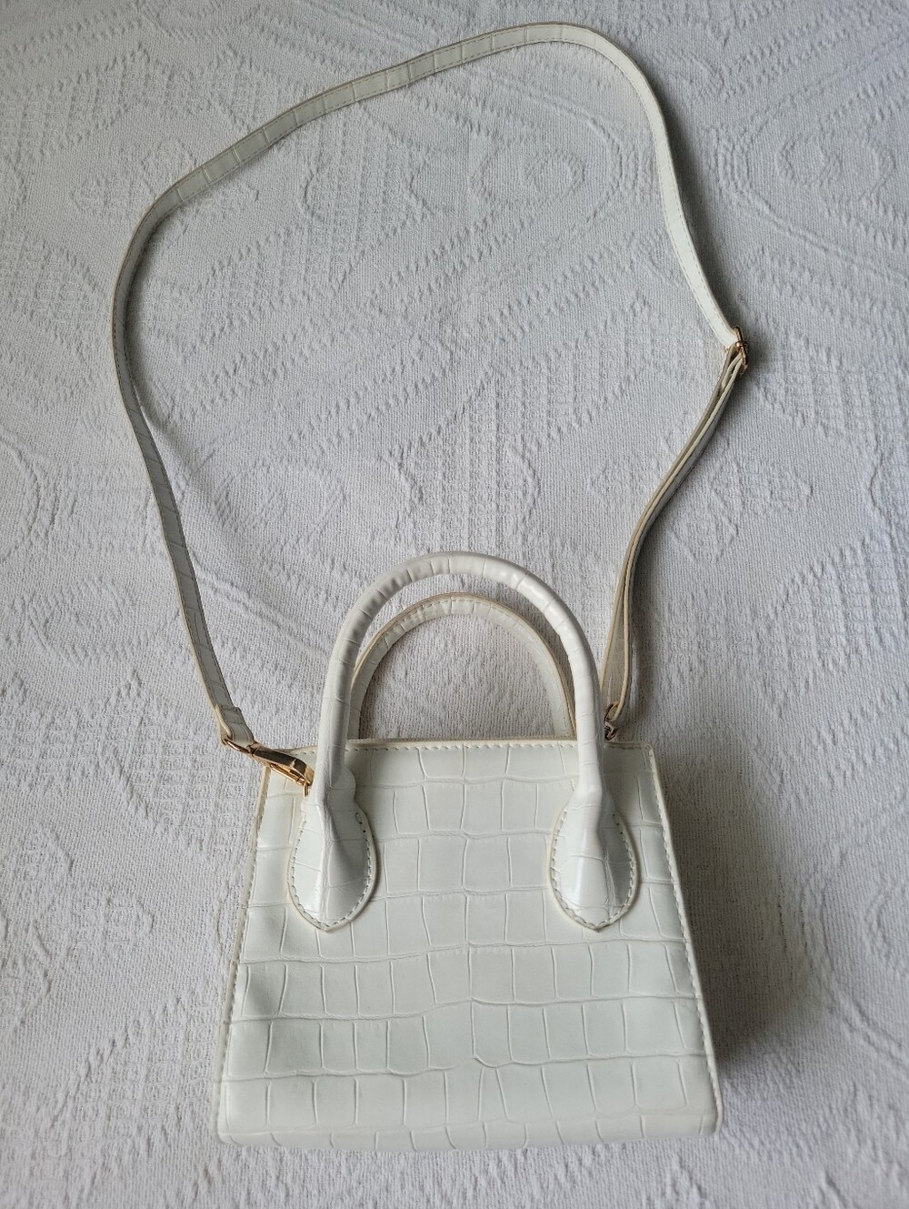 White Croc-Embossed Mini Tote Shoulder Bag